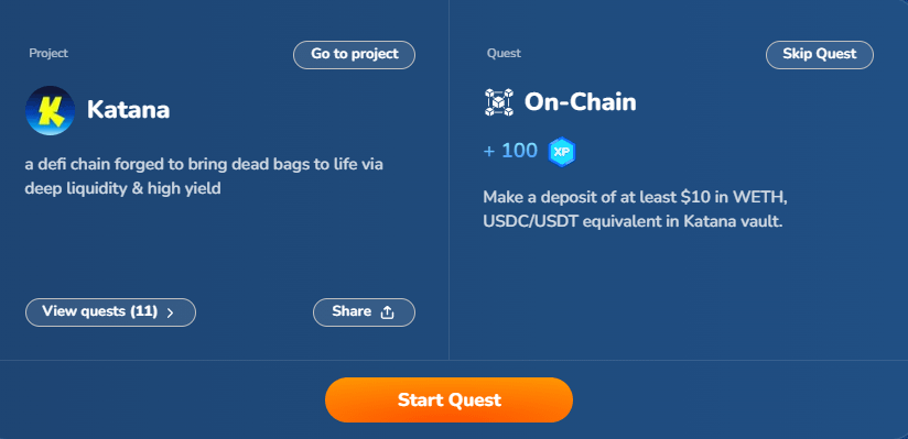 A new quest is now available on Katana

Make a deposit in Katana Vaults and get:
⭢ $KAT token rewards
⭢ High APR
⭢ XP on QuestMe

Join now and start earning rewards:
qstme.io/quest/Katana