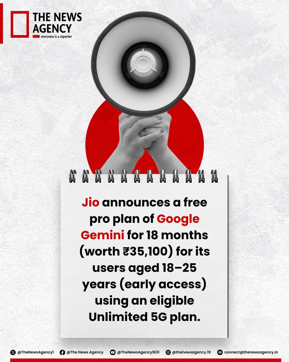 TheNewsAgency1's tweet image. #GoogleGemini #JioYouthOffer #AIForEveryone #Jio #AI
@GeminiApp @reliancejio @JioCare