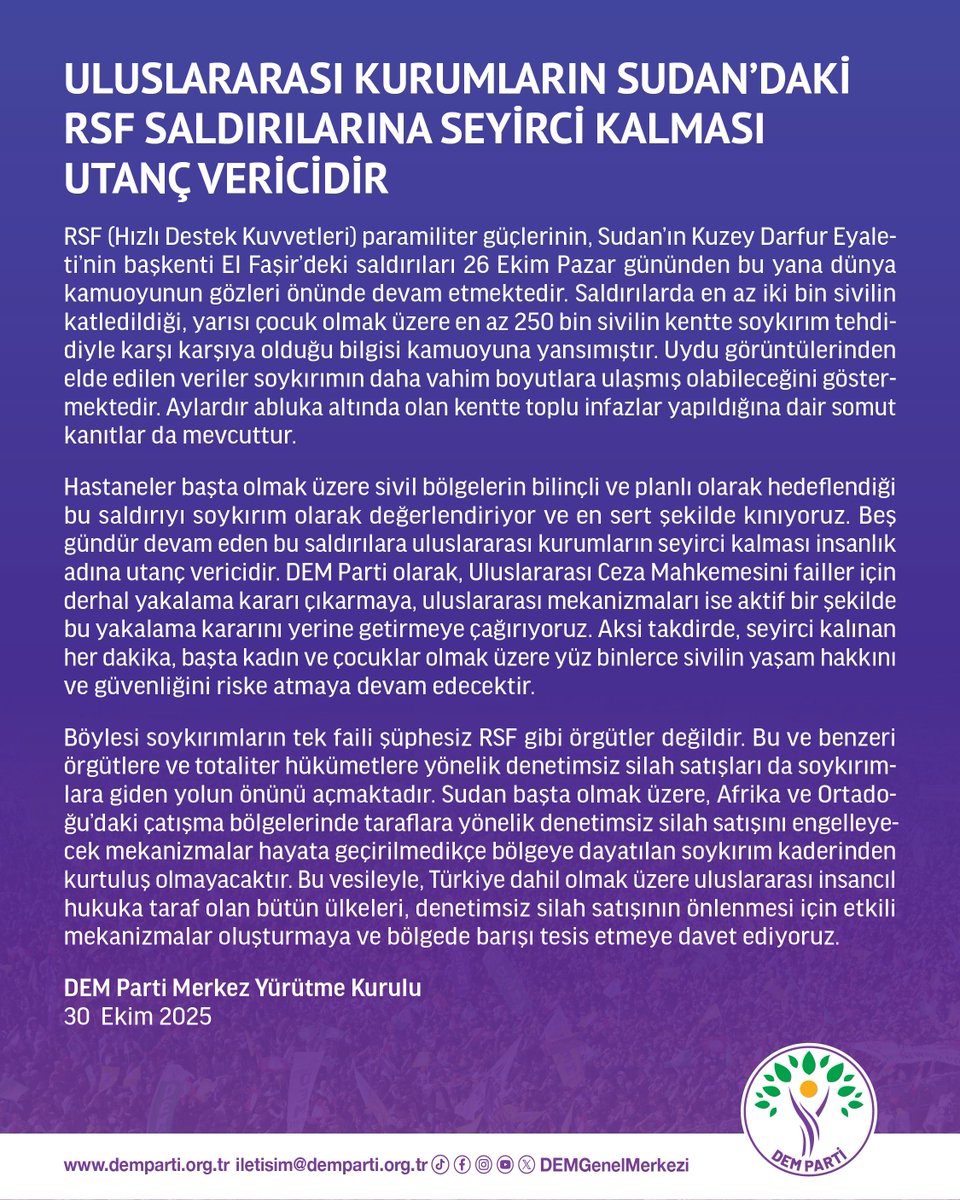 DEMGenelMerkezi's tweet photo. Uluslararası kurumların Sudan’daki RSF saldırılarına seyirci kalması utanç vericidir

Merkez Yürütme Kurulumuzun açıklaması:

https://t.co/BZ2gSzLDh9 https://t.co/wtFQNGVmA3