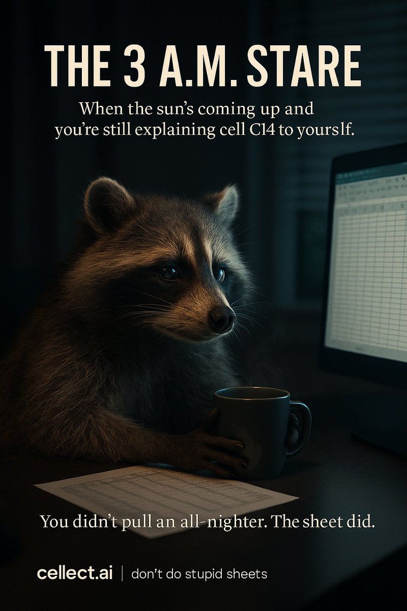 cellectai's tweet photo. The 3 A.M. stare.
You didn’t pull an all-nighter.
The sheet did.

https://t.co/dLQ4lS6271 | don't do stupid sheets

#Excel #AI #FutureOfWork #Startups #Productivity #DontDoStupidSheets #AImemes #ExcelHumor #DataScience https://t.co/Kfp63961mc