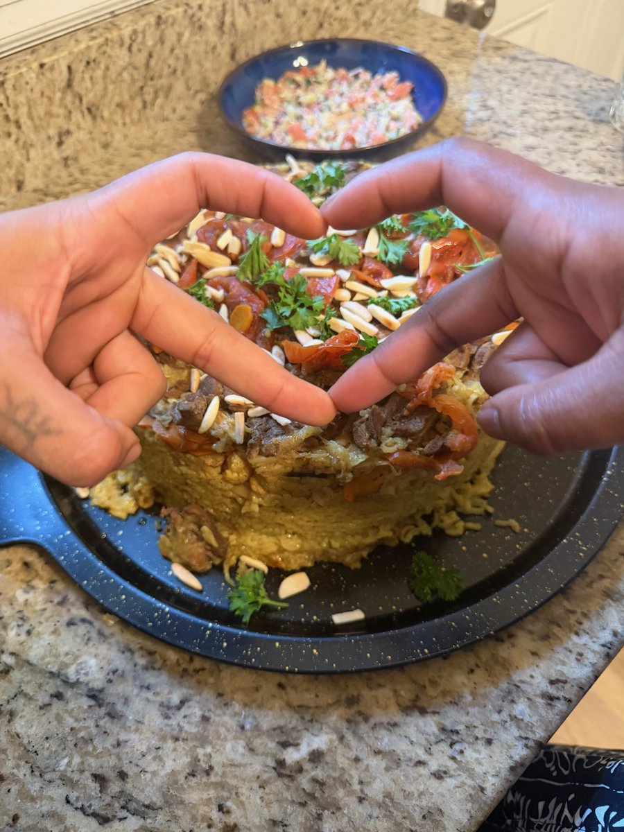 Today is my half bday and we made my fav dishes from scratch! Maqlubah 🇵🇸 and caramel cake 💎