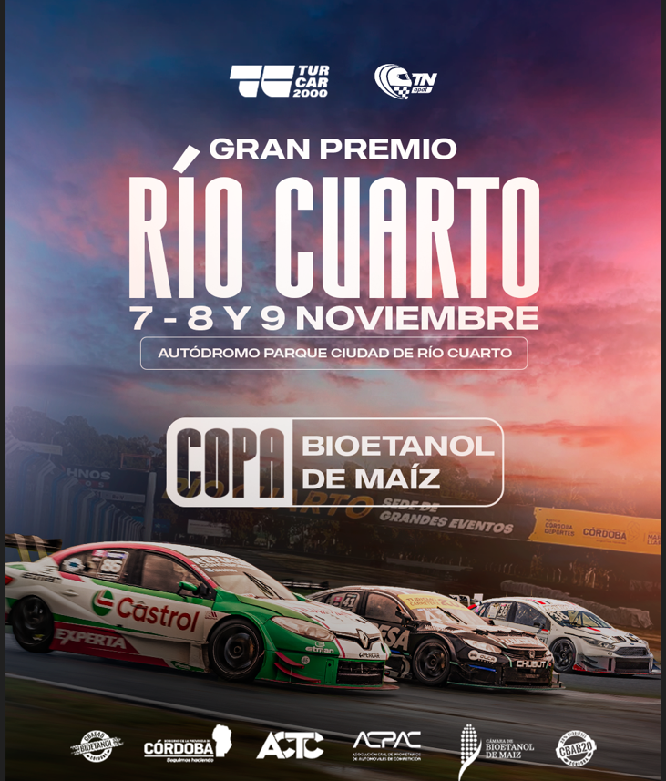 Los esperamos el 7, 8 y 9 de noviembre en el Gran Premio "Rio Cuarto"  de la Provincia de Córdoba, que se corre con una mezcla de 40% de bioetanol en nafta y en donde estará en juego la "Copa Bioetanol de Maíz".  +Bioetanol +Sustentabilidad +Trabajo Federal