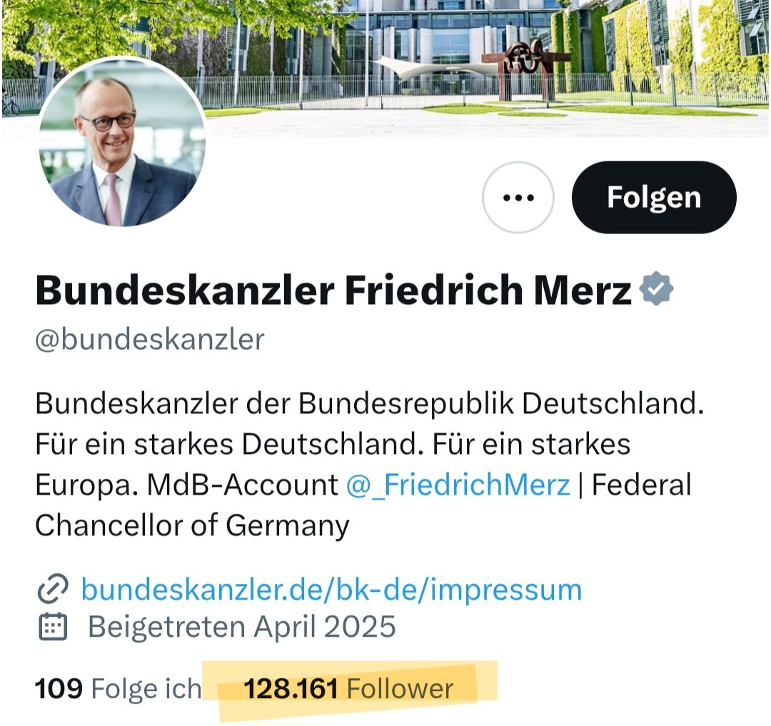 Es ist sehr aussagekräftig, dass Frau Dr. Alice #Weidel ZEHNMAL soviele Follower hat wie der amtierende Bundeskanzler Friedrich Merz!
Weiter so, Frau <a href="/Alice_Weidel/">Alice Weidel</a> 👌💙