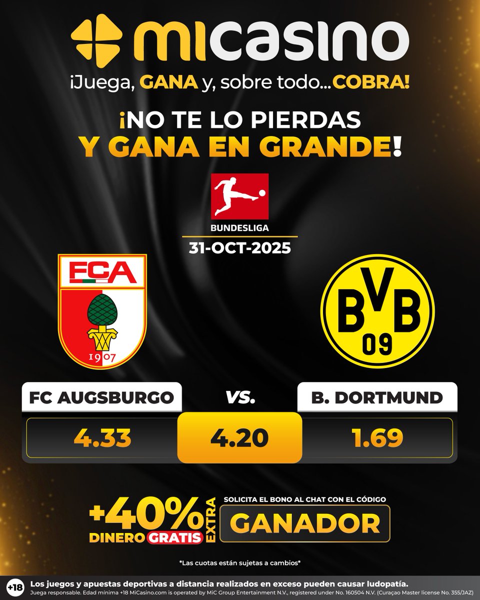 #Bundesliga |⚽🇩🇪

🆚El FC Augsburgo recibe en casa un B. Dortmund que registra dos partidos consecutivos sin poder ganarle. ¿La tercera será la vencida?

💰Usa el código GANADOR y disfruta +40% EXTRA GRATIS.

🤑¡Regístrate y GANA!👉🏻bit.ly/4n3Ga4k

#MiCasino #Bundesliga