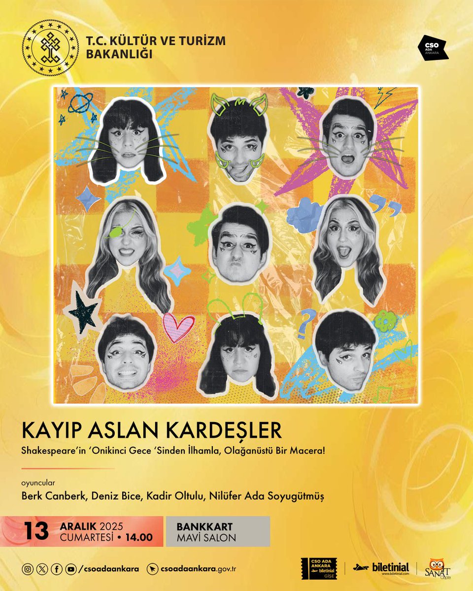 🎶Pedagog onaylı, William Shakespeare’in Onikinci Gece oyunundan uyarlanan “Kayıp Aslan Kardeşler” adlı müzikli çocuk oyunumuz izleyicisiyle buluşuyor.

🗓️13 Aralık Cumartesi
📍 Bankkart Mavi Salon
🗓️14.00

📢 Ayrıntılı bilgi ve biletler csoadaankara.gov.tr’de!

#CSOAdaAnkara