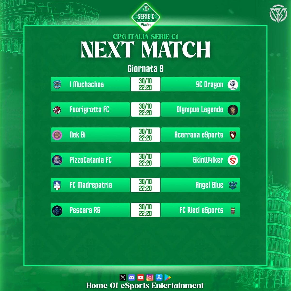 PCILeague's tweet photo. 🏆 CPG Italia
⚽️ Serie C
📊 Accoppiamenti
🗓️ Giornata 9

@Gabry_Dra
@Pizzocatania_FC
@acerranaesports
@PescaraR6
@Imuchachos2024 
@bordo_campo
@MadrePatriaes
@FUORIGROTTA_FC 
@Matteocaro00
@Les_cochambres
@olympus_legend
@skinw4lkerr https://t.co/SWb376Hkzg