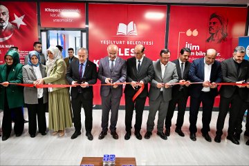 First image shows four men in suits standing before a red banner reading Yeşilyurt Belediyesi, cutting a red ribbon with scissors. Second image depicts a group of men and women in formal attire including headscarves, standing in front of a red wall with Turkish flags and a banner for Yeşilyurt Belediyesi library branch, holding and cutting a red ribbon. Third image features a man in a suit speaking at a podium with a microphone in front of a red banner announcing Çilesiz Library opening by Yeşilyurt Belediyesi, with an audience seated on chairs facing the stage. Fourth image shows rows of men and women in business and traditional clothing seated in a modern room with glass walls and plants, attending an event with a small table in front.