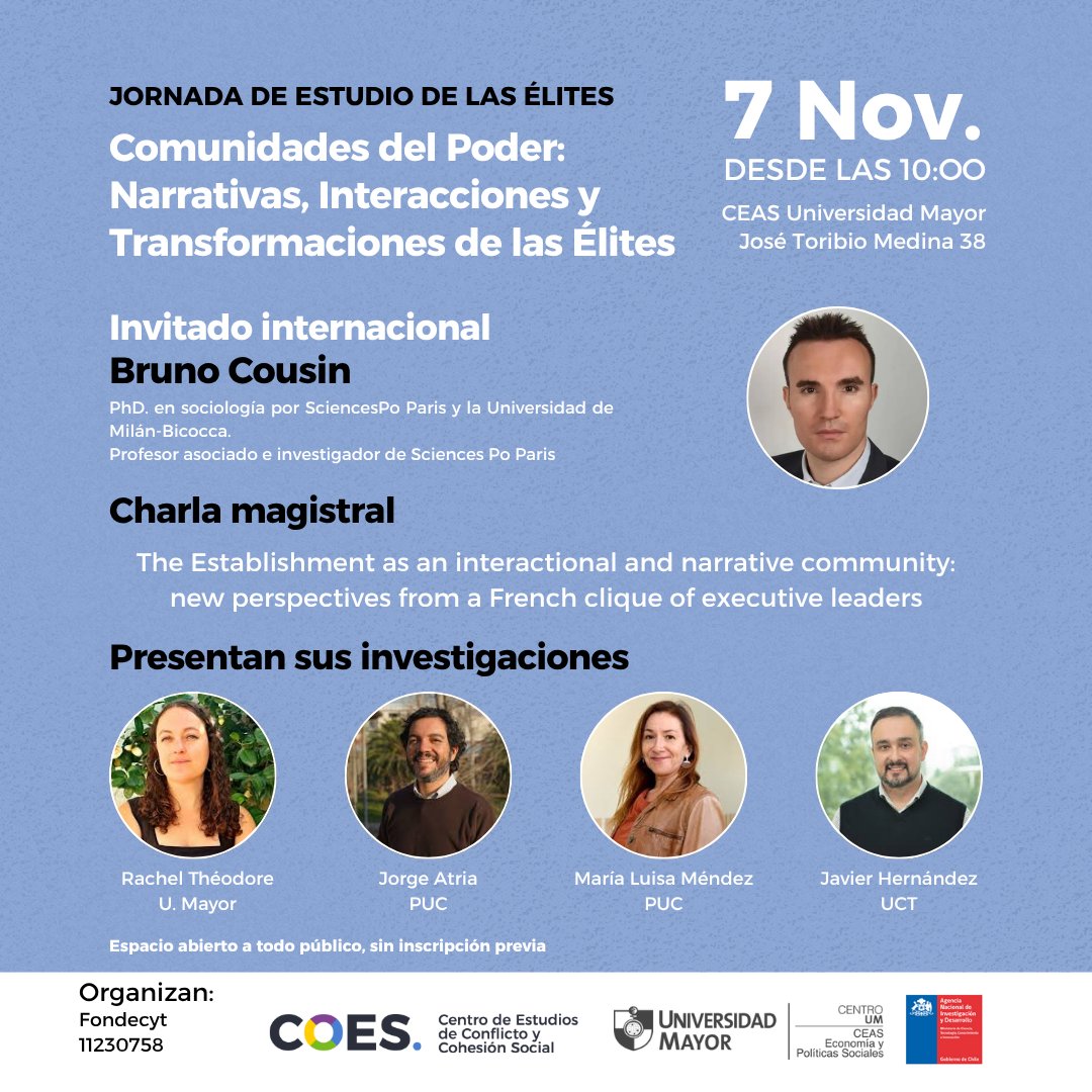 En el marco del proyecto Fondecyt dirigido por nuestra investigadora <a href="/rachel_theodore/">Rachel Théodore</a>, recibiremos la visita en Chile del destacado investigador sobre élites Bruno Cousin (Sciences Po Paris).

En esta ocasión se realizarán dos eventos imperdibles: