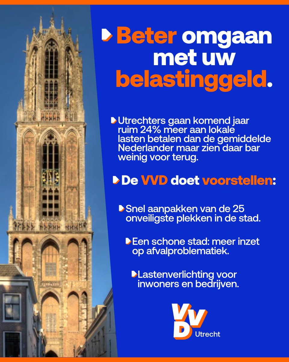 Utrechters betalen veel, maar krijgen er bar weinig voor terug. Afval blijft staan, straten voelen onveilig en de kosten lopen steeds verder op. 

De VVD maakt andere keuzes:

-Aanpak 25 onveiligste plekken

-Meer inzet afvalproblematiek

-Lastenverlichting inwoners en bedrijven