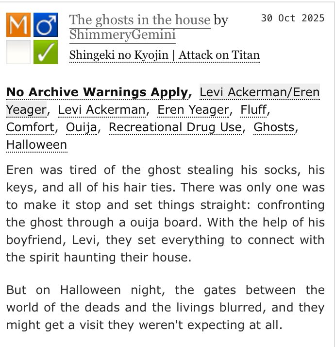 A little ghost story for day 6 of #ereriween <a href="/Ereri_Nation/">ERERI NATION</a> ! 👻👻

archiveofourown.org/works/73378606
