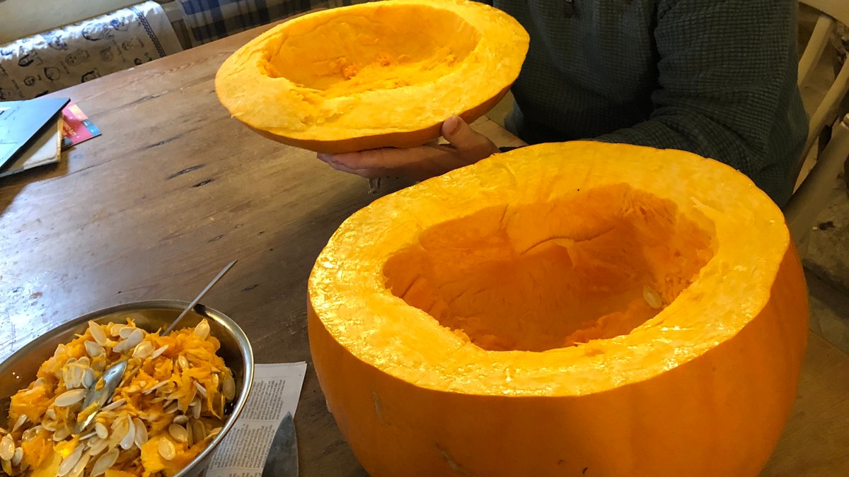 A home-grown 13kg pumpkin ready for carving for Halloween

But first all the seeds and flesh need to be cut out, cubed and frozen, for later cakes and pies

Yum 👍😀