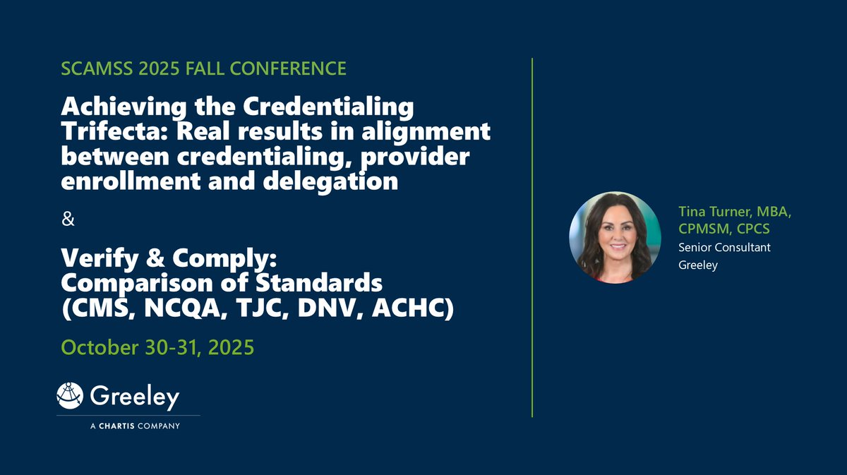 ChartisQuality's tweet image. Join Tina Turner at the #SCAMSS Fall Conference today and tomorrow! She will dive into how to align credentialing, provider enrollment, and delegation, as well as take a detailed look at the variety of standards healthcare organizations must comply with. bit.ly/4oLCDZY