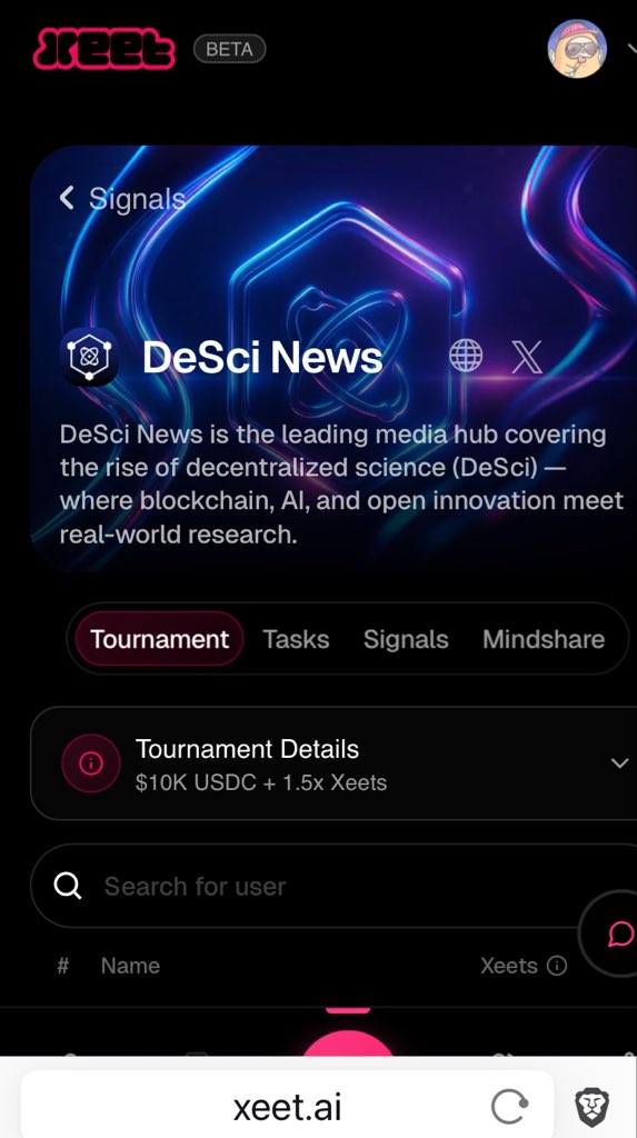 ArtgEdit's tweet photo. Xeeters up! 
New tournament is live on Xeet! 

DeSCI News (@DeSciNews )

Rewards: $10K USDC + 1.5 X Xeet
(massive) 

Allocation: Top 25 Xeeters win USDC, 1.5x Xeets for all. 
Top 500 get Xeets bonus

Campaign: ends on 11/13/2025 (it lasts around 40 days) 
DeSci News: DeSci News is the leading media hub covering the rise of decentralized science (DeSci);  where blockchain, AI, and open innovation meet real-world research. 

My pleasure is I am a big fan of this group. 

Link to website: https://t.co/85CbbfLiJF