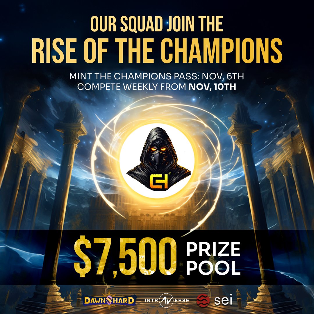 ⚔️ Rise of The Champions TCG Tournament ⚔️

Prize Pool: $7,500 USD🏆
We’re giving away 5x Champions Pass (Rarity #4)!

To enter:
1⃣ Follow <a href="/CHGuild_/">Cipher Hunters (CH)</a>, <a href="/intraVerse_Game/">Intraverse</a>, <a href="/play_dawnshard/">Dawnshard</a>
2⃣ Like, RT, and Tag 2 friends

Practice now: playdawnshard.com 🎮

Mint your pass on