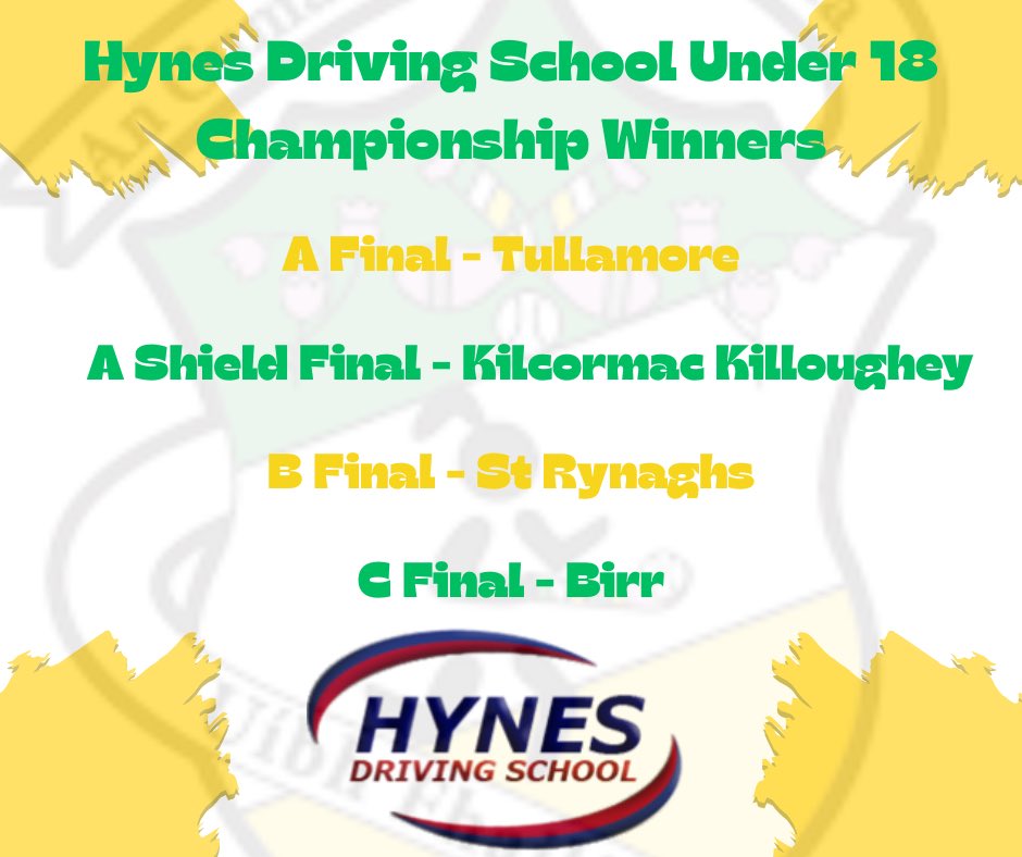 Congratulations to all the winners of the Hynes Driving school Under 18 Championship finals that were on last weekend  👏🏼👏🏼

A huge thank you to Hynes Driving school for sponsoring our Under 18 Championship 💚🤍💛

#OffalyCamogie #offaly