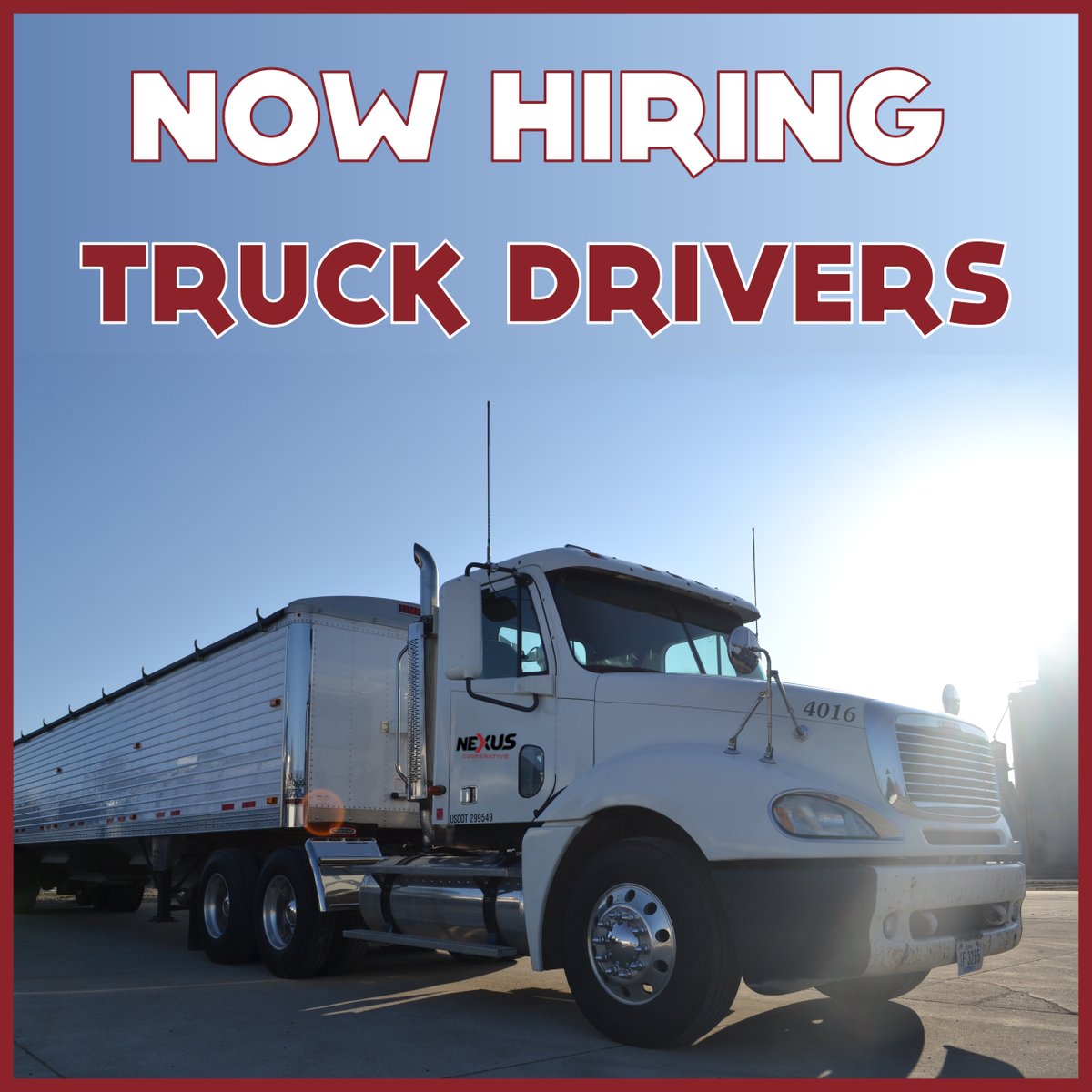 Are you a driver that's look for a great opportunity with a growing company? If so, we'd love to talk to you! We have openings for Truck Drivers across our territory. Learn more about the position and apply on our website at nexus.coop/careers.