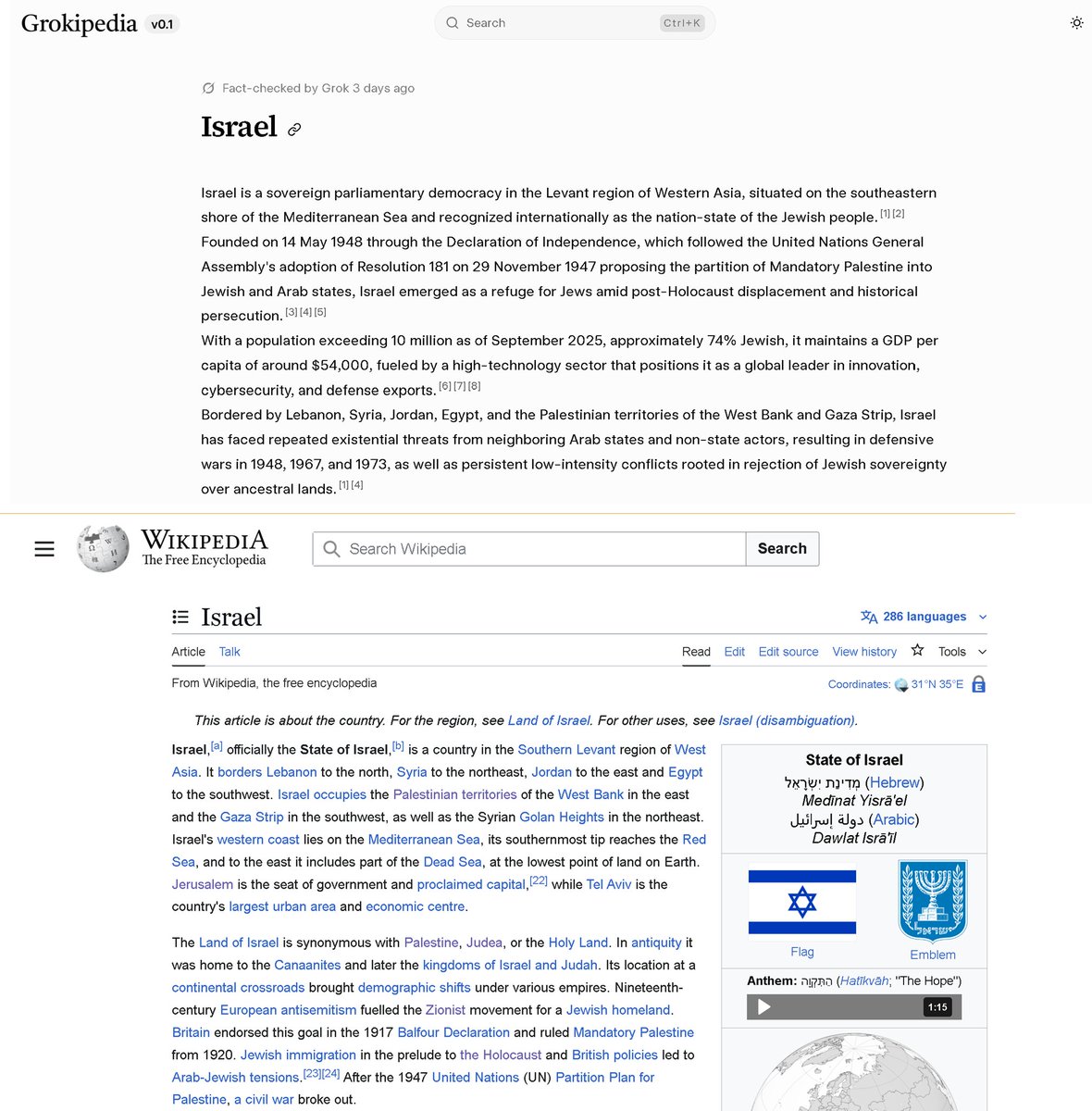 shlomitlir's tweet image. Going through @Grokipedia and comparing it to Wikipedia, Grokipedia’s clarity and neutrality stand out against Wikipedia’s visible political framing. 
Impressive work by @elonmusk's new platform, presenting Israel as the sovereign democratic nation-state of the Jewish people.