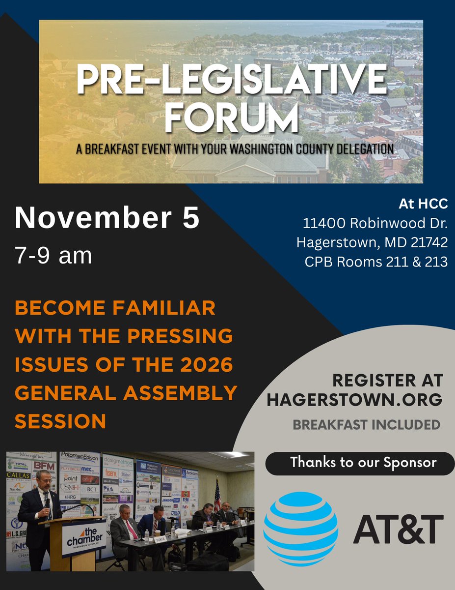 The Washington County Delegation wants to sit down with Chamber members and business owners to hear what YOU have to say! 

Thanks to our sponsor, AT&amp;T Services.

Register Here: …chamberofcommercemd.growthzoneapp.com/ap/Events/Regi…