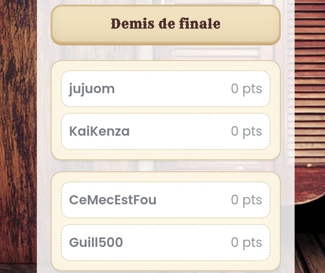 Et bien nous voilà en demi-finale 💪😄😉 .
Bravo à <a href="/laboca06/">Julien T. 🇫🇷🇪🇸</a> pour nous amuser sur <a href="/WesternPronos/">Western Pronos</a> 🙏.
N'hésitez pas à vous inscrire les amis