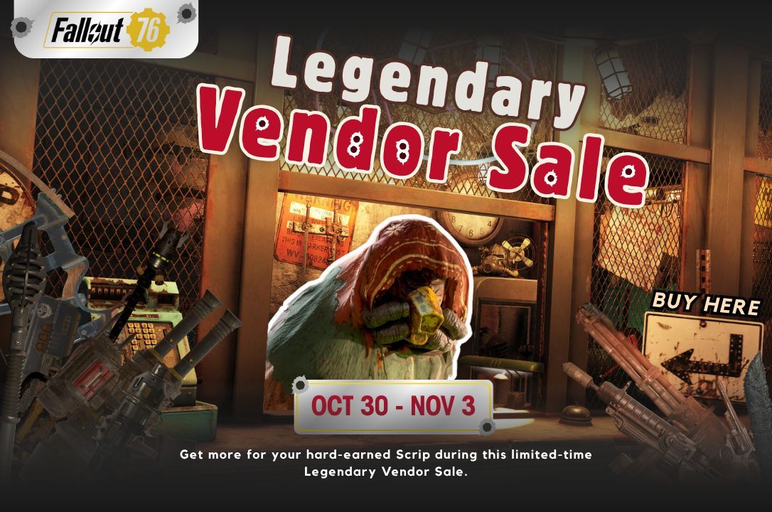 💥 Legendary Vendor Sale – October 30 - November 03 💥

Purveyor Murmrgh is slashing prices on legendary gear at the Rusty Pick! Swing by while the 25% discount lasts—you never know what legendary loot you’ll walk away with. 🛠️✨ 

#Fallout76 #DuchessFlame