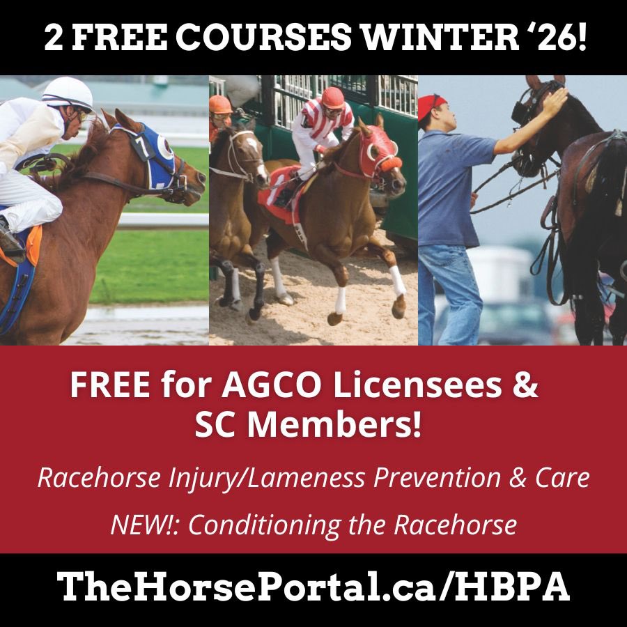 HBPA 
#EquineGuelph Winter 2026. Racehorse Injury/Lameness Prevention runs Jan 26-Feb 6 and the NEW Conditioning the Racehorse from Feb 23-Mar 6. AGCO licensees can resister for FREE at TheHorsePortal.ca/HBPA. Value $95. More info –  thehorseportal.ca/2025/10/free-o…