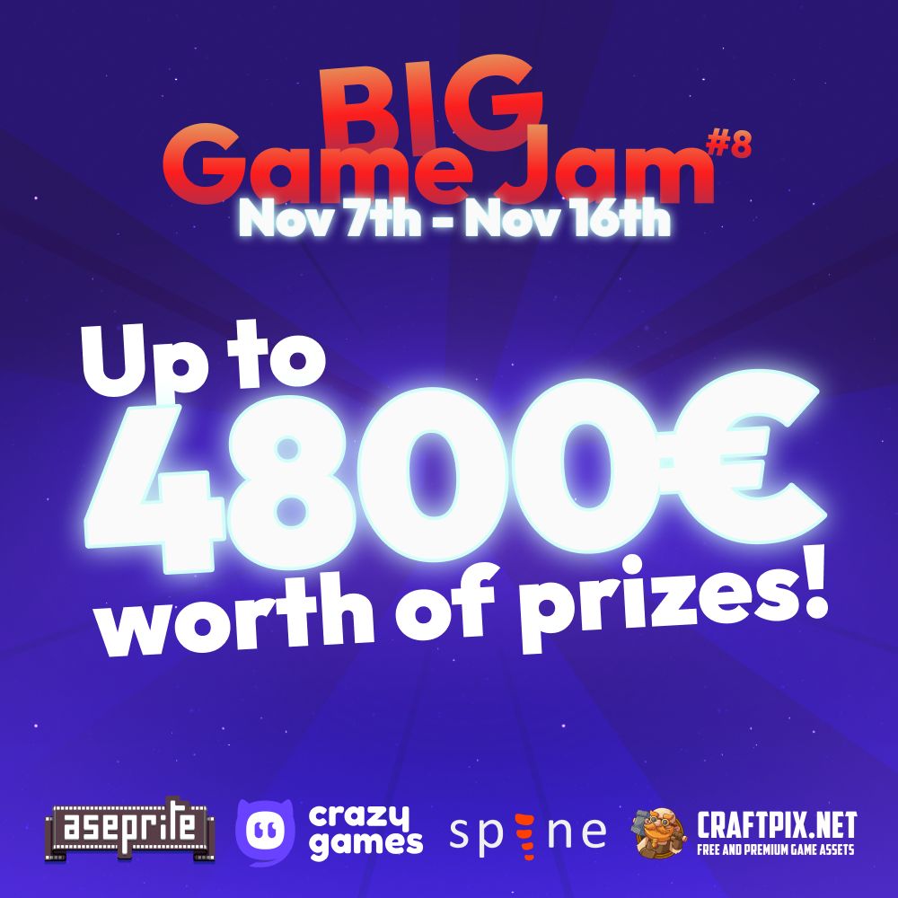 GDevelopApp's tweet image. 🚨 The Big Game Jam is coming! 🚨
🗓️ Nov 7–16, make a game with GDevelop and compete for €4,800 worth in prizes! 💸
🎮 Win GDevelop subscriptions, cash, and more!
Don’t miss your chance. Join the jam now 👇
itch.io/jam/gdevelop-b…
#GameJam #IndieDev #GDevelop #GameDev