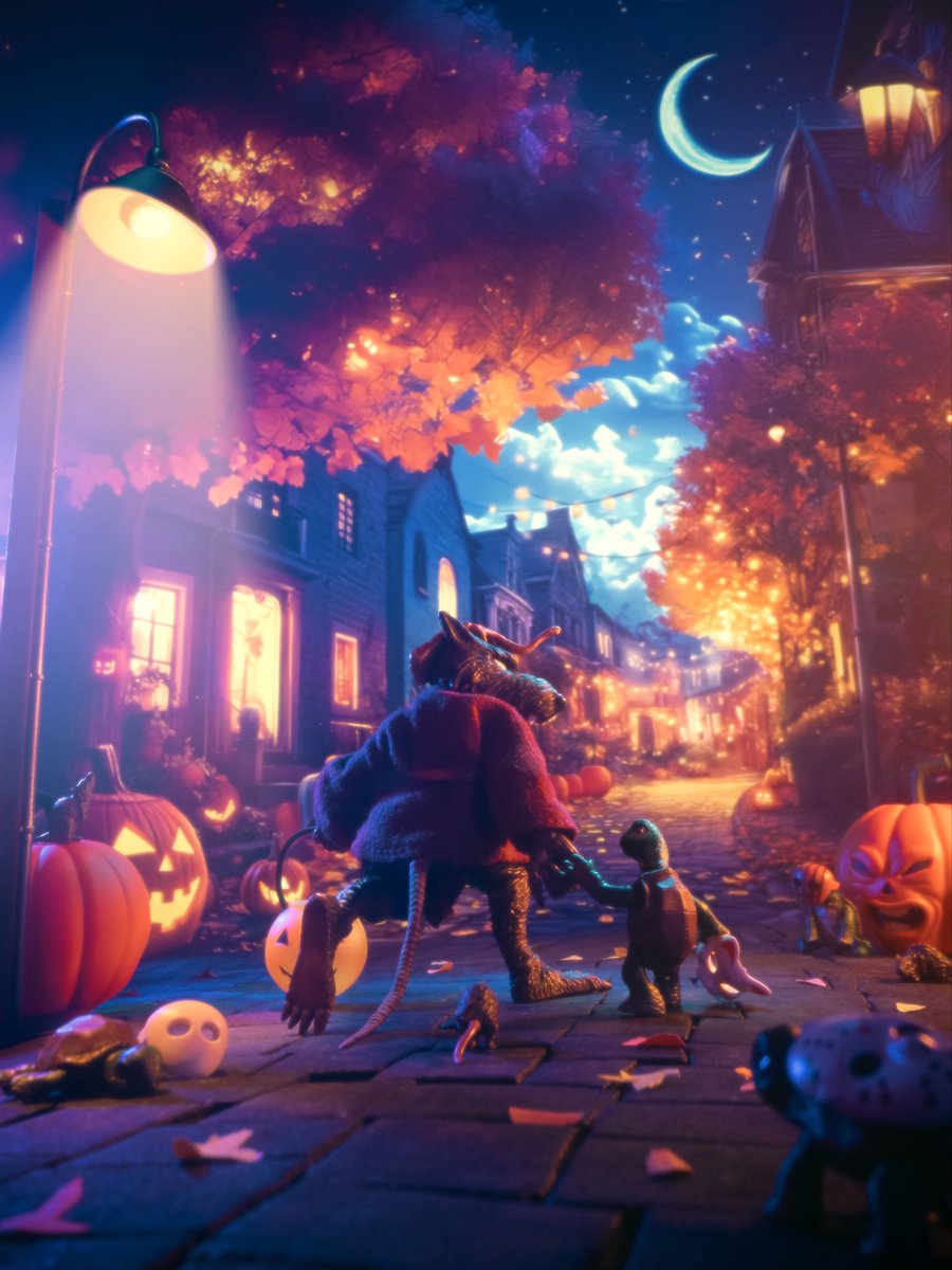 Splinter takes his kids to play,
Truck or treat is on today!
Dressed as Pizza Rat—what fun!
Candy first and then they run!

Leo and Raph, both dressed as Jason,
Scaring friends at every station
But Raph just grumbles, “That’s not fair!
Leo’s mask gets all the stares!”
#halloween