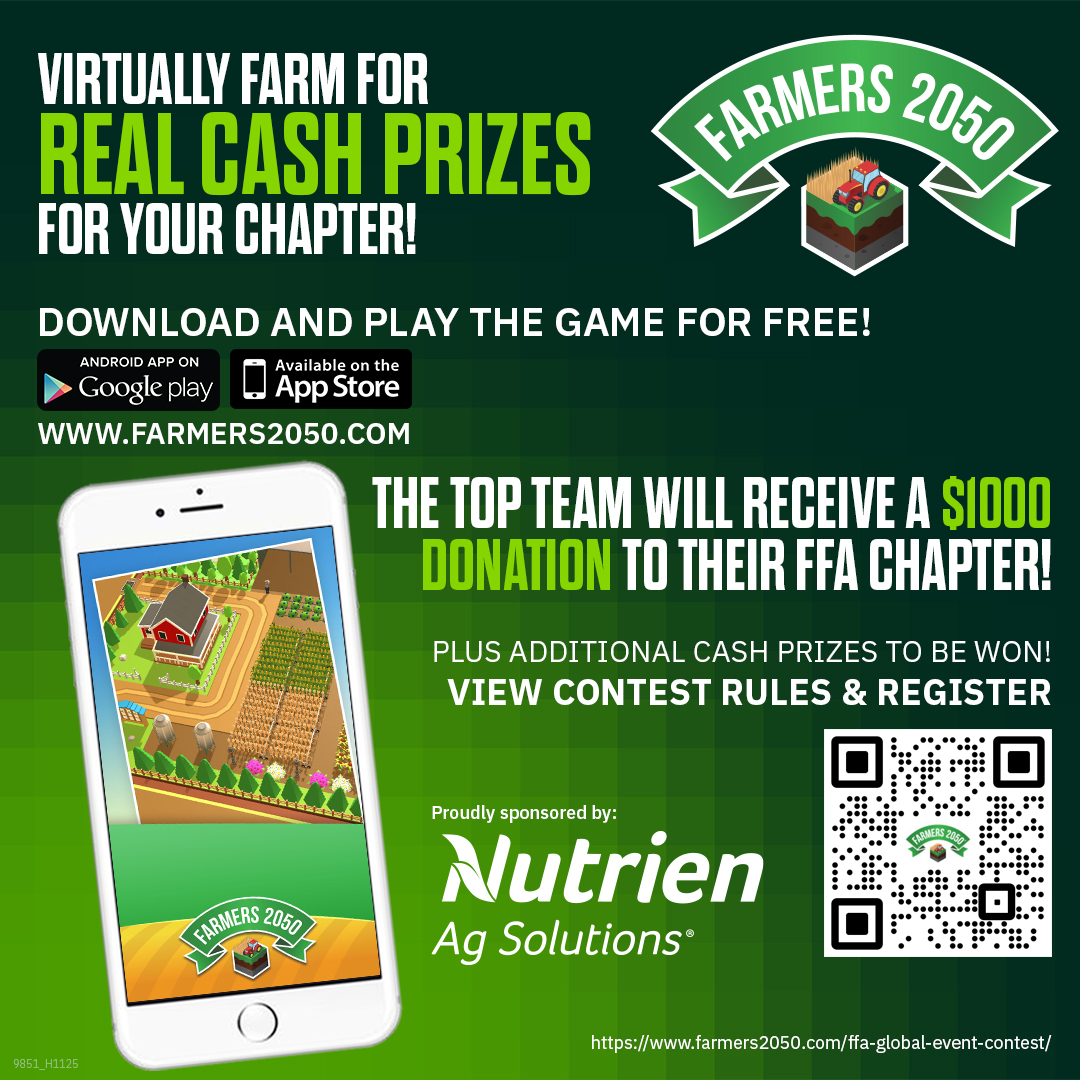 It's the final days to play in the Farmers 2050 contest! ⏰ Don’t miss your chance to compete and help your #FFA chapter earn big prizes. ​
​
Check back on November 4 to find out who the lucky chapter is! ​

​See full contest rules at: bit.ly/4gOCVfu