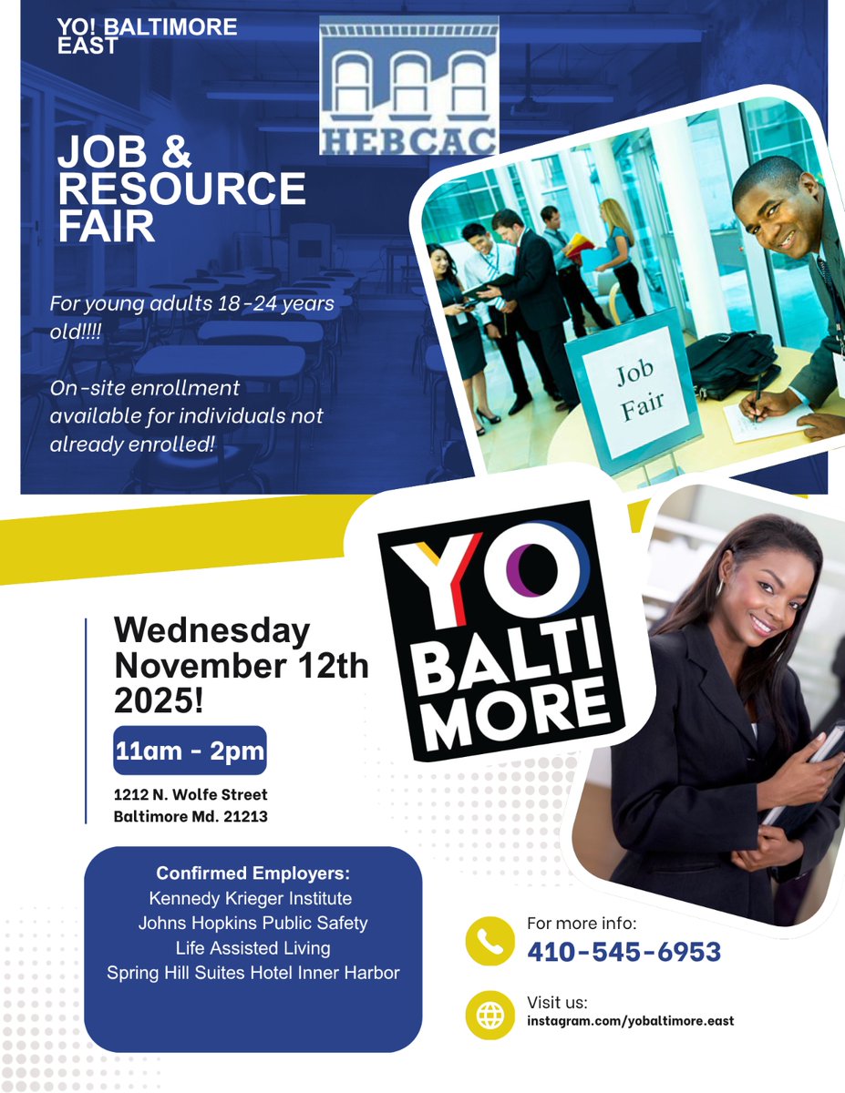 JOB FAIR AT YO BALTIMORE EAST HAPPENING 🔜‼️

If you're between 18 and 24, please join us to meet employers and access resources!

🗓️ November 12th 
🕚 11am to 2pm  
📍1212 N. Wolfe St.