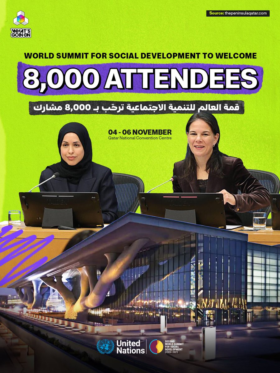 wgoqatar's tweet image. 🌍 Over 8,000 global leaders and changemakers are heading to Doha for the World Summit for Social Development — kicking off November 4! 🇶🇦 #DohaSummit #SocialDevelopment