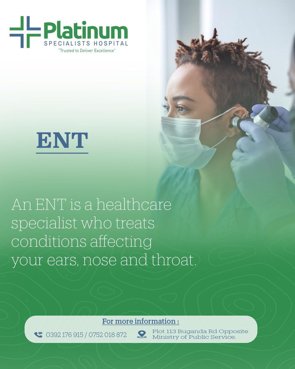 ENT clinics operate Monday to Friday.

Visit us at Plot 113 Along Buganda Road or call 
039 2176915 / +256 752 018872 for appointments.