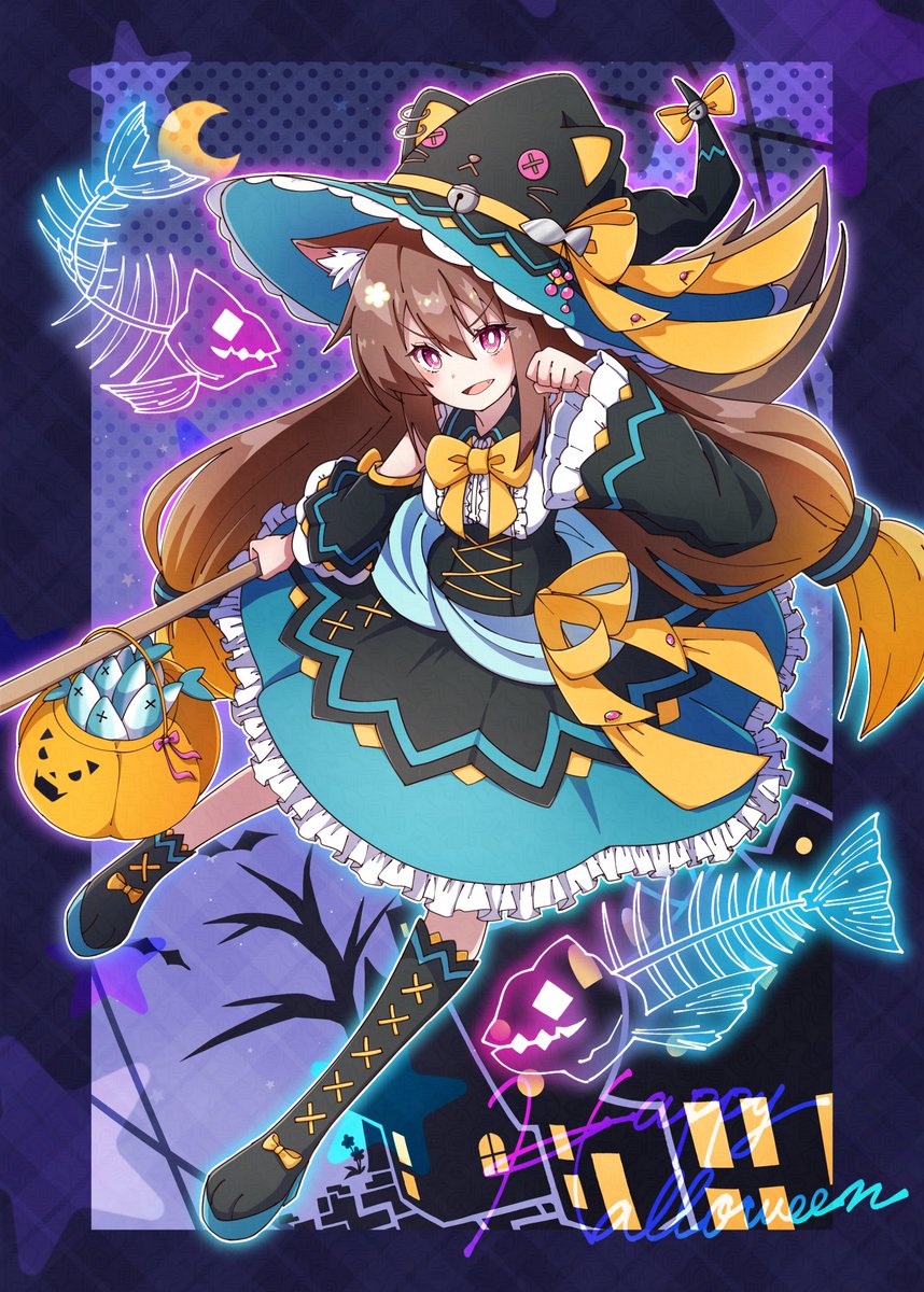 #Halloween2025 #ハロウィンイラスト
トリック・オア・トリート！🎃🐈‍⬛🐟🪄︎︎
「魚をくれなきゃイタズラにゃ!!!!」
