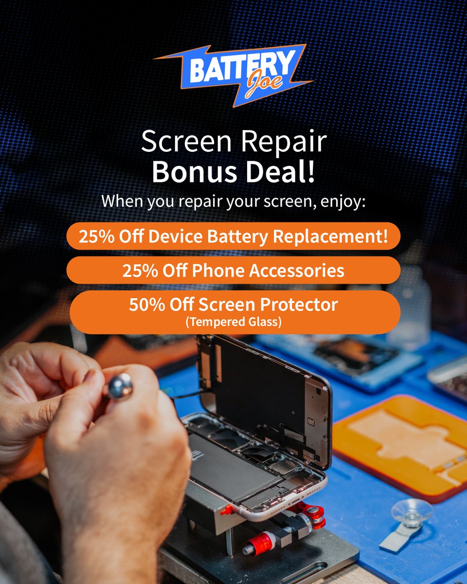 Broken display &amp; a busy day? We'll fix it fast so you can get back to it! Plus, for a limited time, you can choose between  50% OFF tempered glass or 25% OFF a phone battery or accessory when you repair with us! Stop by and see us today!