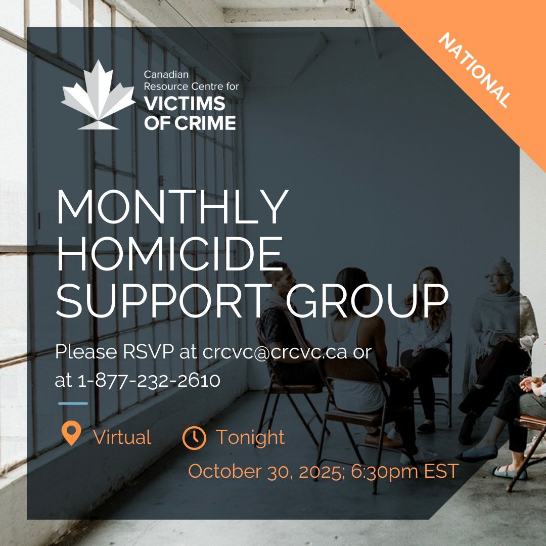 CRCVC's tweet image. Reminder!
Join our Homicide Support Group tonight from 6:30-8:30 PM EST.
This virtual group offers peer support for those grieving the violent loss of a loved one to homicide. 
Open to survivors across Canada.