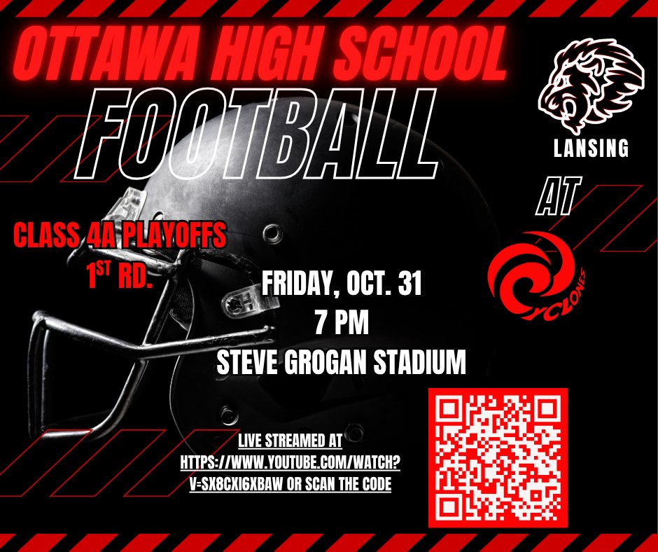 If you cannot make it out to cheer on the Cyclones Football team 1st round playoff game vs Lansing this Friday, Oct. 31,  it will be live streamed at youtube.com/watch?v=Sx8cxi… or by scanning the QR Code! Good luck Cyclones! #CyclonePride #cyclONEnation