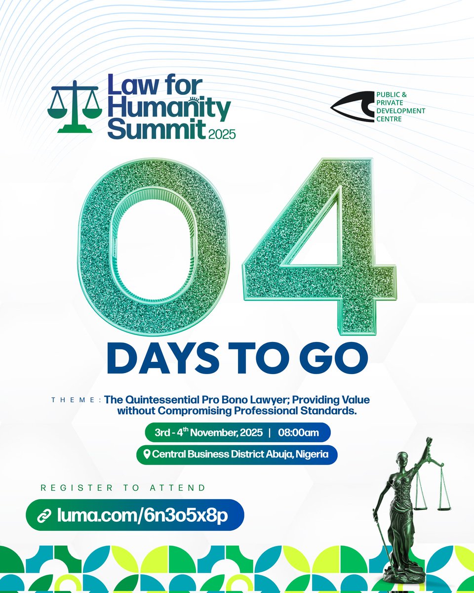 PPDC_ng's tweet image. 4 Days to Go! ⏳
The Law for Humanity Summit is almost here.
Join leading voices driving access to justice, legal empowerment, and pro bono leadership.
#LawForHumanity #AccessToJustice