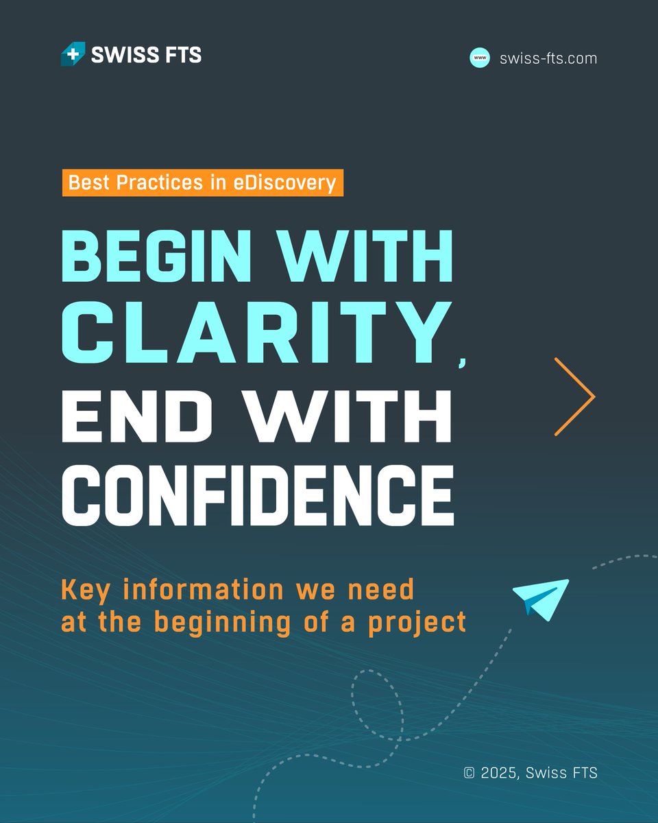 swissfts's tweet photo. A successful #eDiscovery project starts with the right info! Early preparation, knowing your data, storage, and key people, saves time, cuts costs &amp; avoids mistakes. Read more on LinkedIn: https://t.co/PJrGf70Cmy https://t.co/gk1zIqGrFG