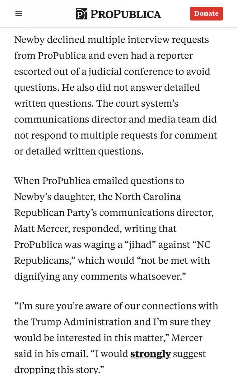 ProPublica is out today with a profile on NC SupCo Chief Justice Paul Newby. One thing that ought not be ignored: The lengths to which a number of people went to avoid tough questions. #ncpol