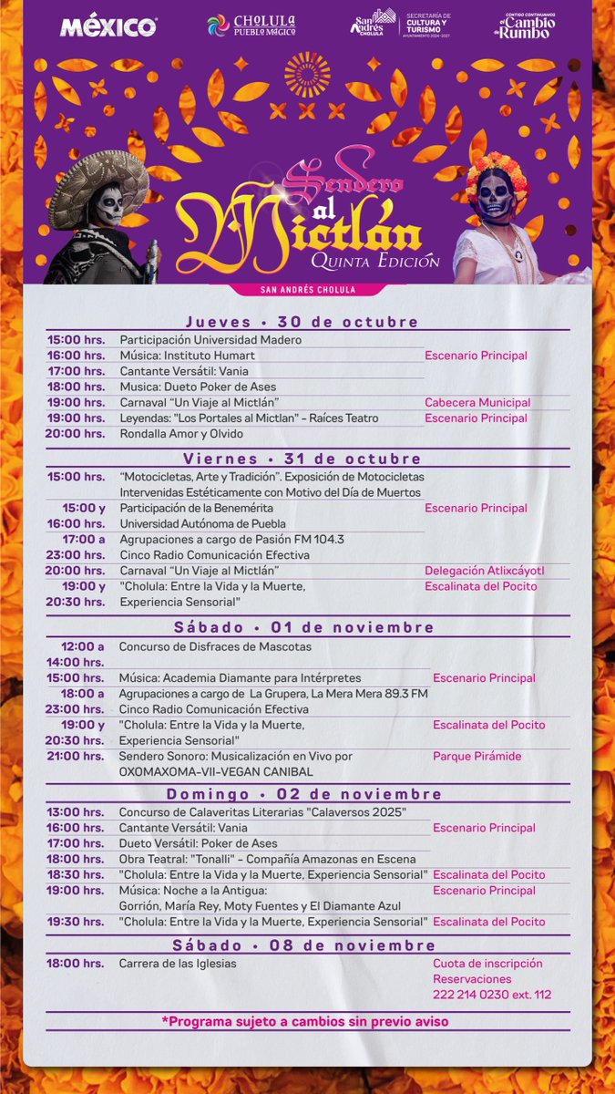 🪦Celebremos la vida y las tradiciones que le dan sentido a nuestra comunidad.🏵️

🗓️Hasta el 8 de noviembre disfruta el programa de la 5.ª edición del “Sendero al Mictlán”. Consulta la cartelera y únete a la conmemoración del pueblo vivo más antiguo de América.👇