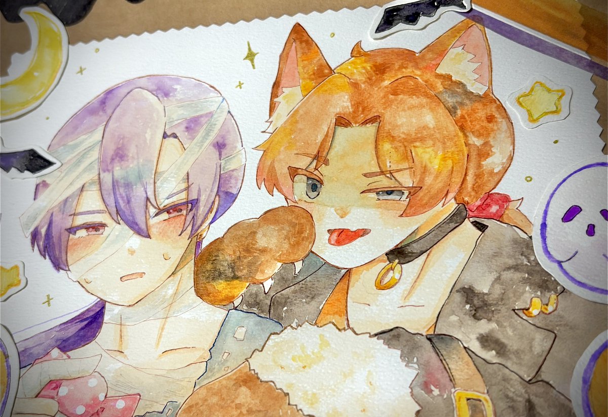 Happy Halloween🎃🦇🕸
エリック「よーし！イタズラしちゃうぞ！」
ヴァンク「俺らはお菓子を渡す側だ……」

 #OC  #透明水彩
#Halloween2025
