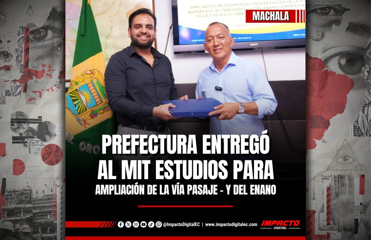 ImpactoDigitalX's tweet photo. El prefecto de El Oro, Clemente Bravo, entregó al subsecretario zonal 7 del Ministerio de Infraestructura y Transporte, MIT, Edwin Duque, los estudios definitivos para la ampliación, mejoramiento y regeneración de la vía Pasaje – Buenavista – Y del Enano.

#Prefectura #Pasaje #EC https://t.co/65dKdgvKsC