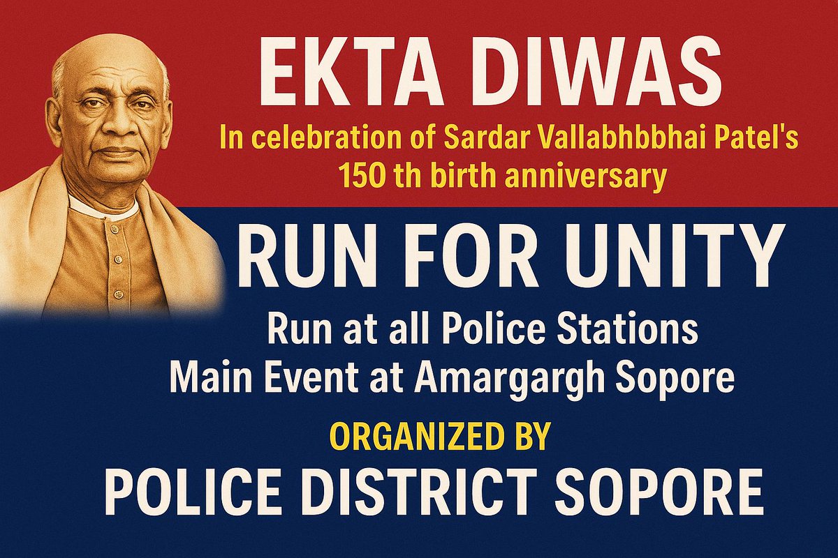 Sopore Police will observe #EktaDiwas tomorrow, celebrating 150 years of Sardar Vallabhbhai Patel. #RunForUnity at all PSs; main event at Amargarh Sopore.
Honouring the Iron Man’s vision of Unity, Security &amp; Service. 🇮🇳
<a href="/EktaDiwasBharat/">Ekta Diwas Bharat</a> <a href="/JmuKmrPolice/">J&K Police</a> <a href="/KashmirPolice/">Kashmir Zone Police</a> <a href="/IftkharTalib/">Iftkhar Talib</a>