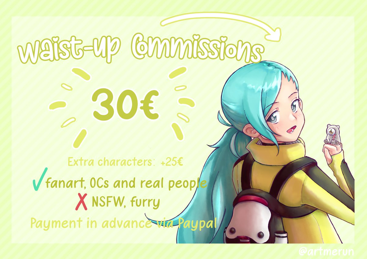 artmerun's tweet photo. 🌸OPENING COMMISSIONS FOR THE FIRST TIME IN +4 YEARS!🌸

♡ 5 slots available, might open more when completed
♡ Colored waist-up OR full body chibi with plain bg
♡ Last pic: examples of past completed commissions
♡ Please DM this account if interested!

#commissionsopen https://t.co/YhbSzTHZQ0