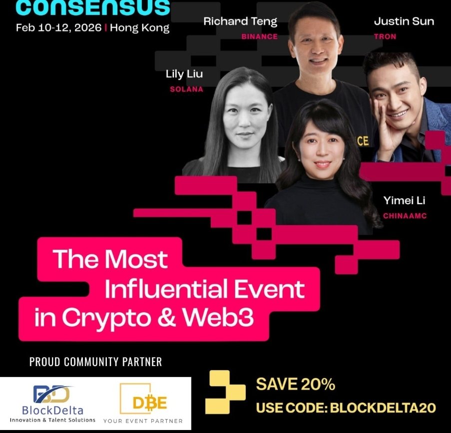 block_delta's tweet image. BlockDelta is proud to join @consensus_hk Hong Kong 2026 as an Official Community Partner! 🚀
Feb 10–12, 2026 | Hong Kong Convention &amp;amp; Exhibition Centre
Hear from top leaders like Lily Liu, Richard Teng, Justin Sun &amp;amp; more! 
#Consensus2026 #HongKong #bitcoin #cryptoevent
