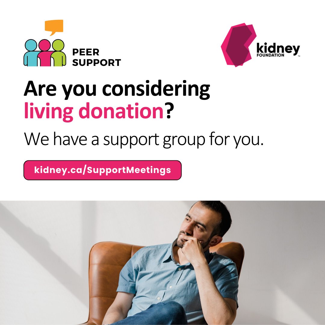 Thinking about becoming a living organ donor? 💚 Join our virtual peer support group to connect with others who’ve been there.

Next session info &amp; calendar: kidney.ca/supportmeetings

#OrganDonation #PeerSupport #Transplant