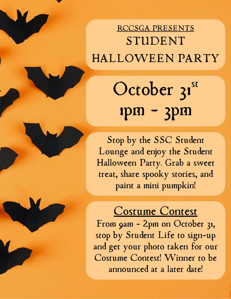 randolphsga's tweet photo. Get your costumes ready it’s time to celebrate!
Join us Friday, October 31 from 1–3 PM in the SSC Student Lounge for an afternoon of spooky snacks, music, games, and a prize for the best costume!
Bring your friends and your Halloween spirit!
#RCCProud #RCCSGA #TheFutureIsNow https://t.co/JqSdmSga0n