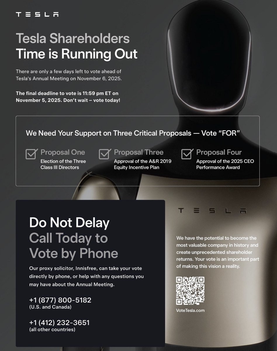 Tesla’s shareholder meeting is one week from today. Make sure you, and everyone you know who is a $TSLA shareholder, has voted. This is the most important vote in the company’s history.

Here's how to vote: