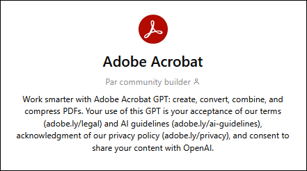 #Acrobat est maintenant disponible dans #ChatGPT

Avec cette 1re version on peut convertir, compresser, fusionner, diviser, extraire, supprimer et OCRiser des #PDF sans jamais quitter le chat.

Essayez le dans la section Explorer les GPTs ou bien ici : chatgpt.com/g/g-68f00363e9…