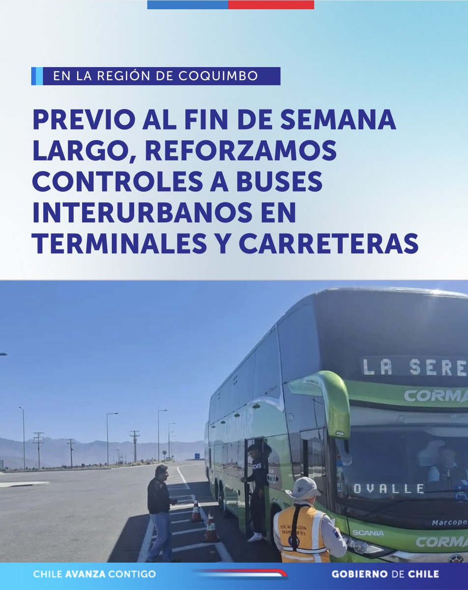 🚨En la tenencia carretera Elqui, inspectores de @fisca_mtt refuerzan los controles a buses interurbanos previo al fin de semana largo. 

👉En las fiscalizaciones también se está controlando el uso correcto del cinturón de seguridad por parte de los pasajeros.