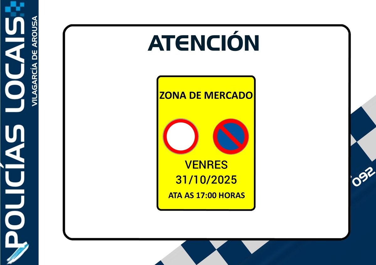 #VilagarcíaDeArousa #Vilagarcía #DispositivoDeTráfico #Mercado 
Por ser o sábado 01/11/2025 festivo, o mercado adiántase ao venres 31/10/2025.
Desculpen as molestias
#092ATúaPolicíaDeProximidade #PoliciaLocal #Vilagarcía #PLVgA #Policialocaldegalicia